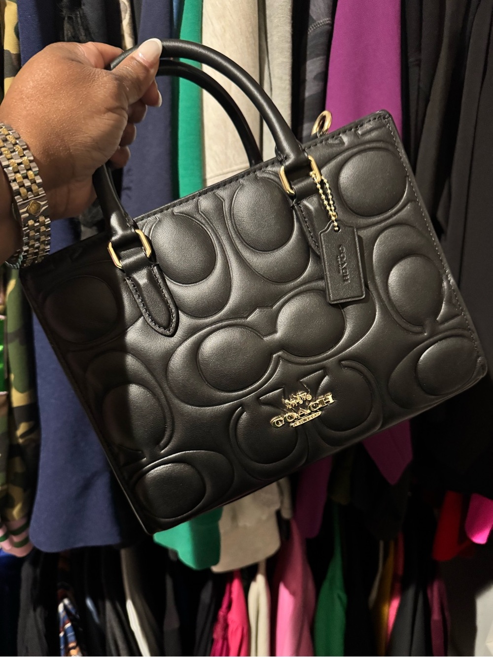 Coach Black Quilted Signature Leather Satchel with Gold Hardware (Small)